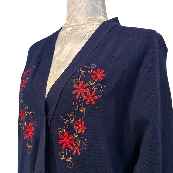 Vintage Pitlochry Navy Blue Cardigan Sweater Women Sz Medium Floral Embroidered - Picture 8 of 16